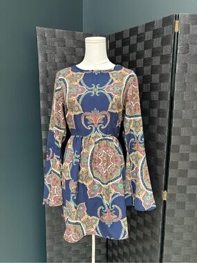 Rush Boho babydoll Navy Paisley Bell Long-Sleeve Knee Length Mini Dress